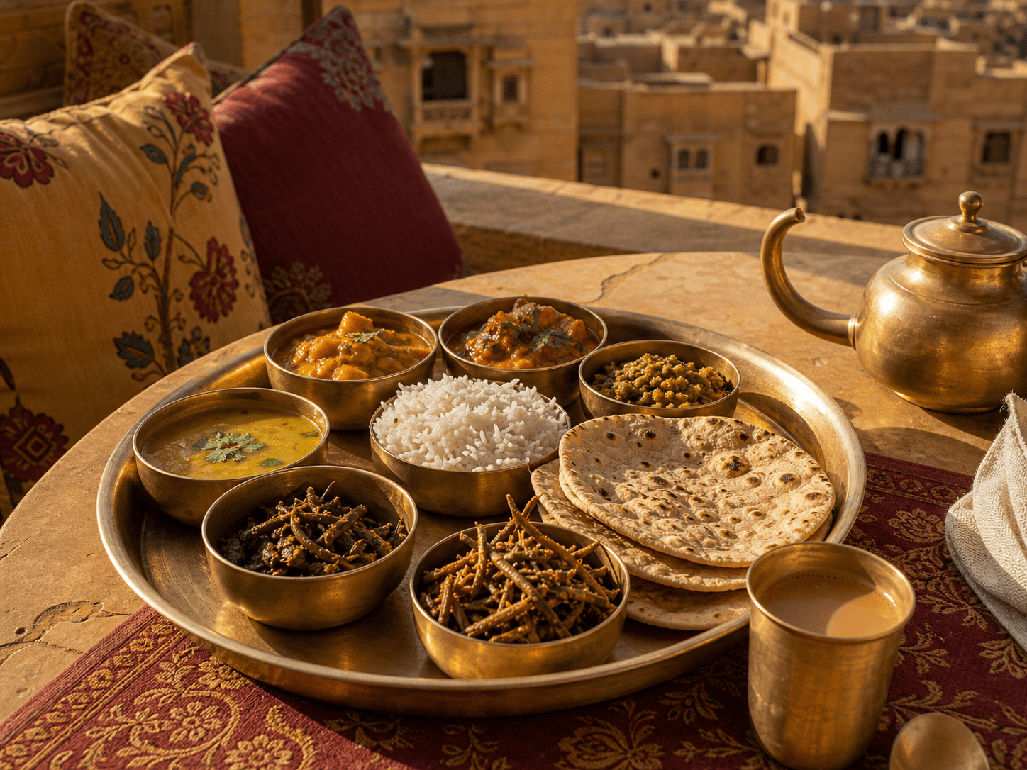Traditional Rajasthani Thali served at Desert Haveli rooftop