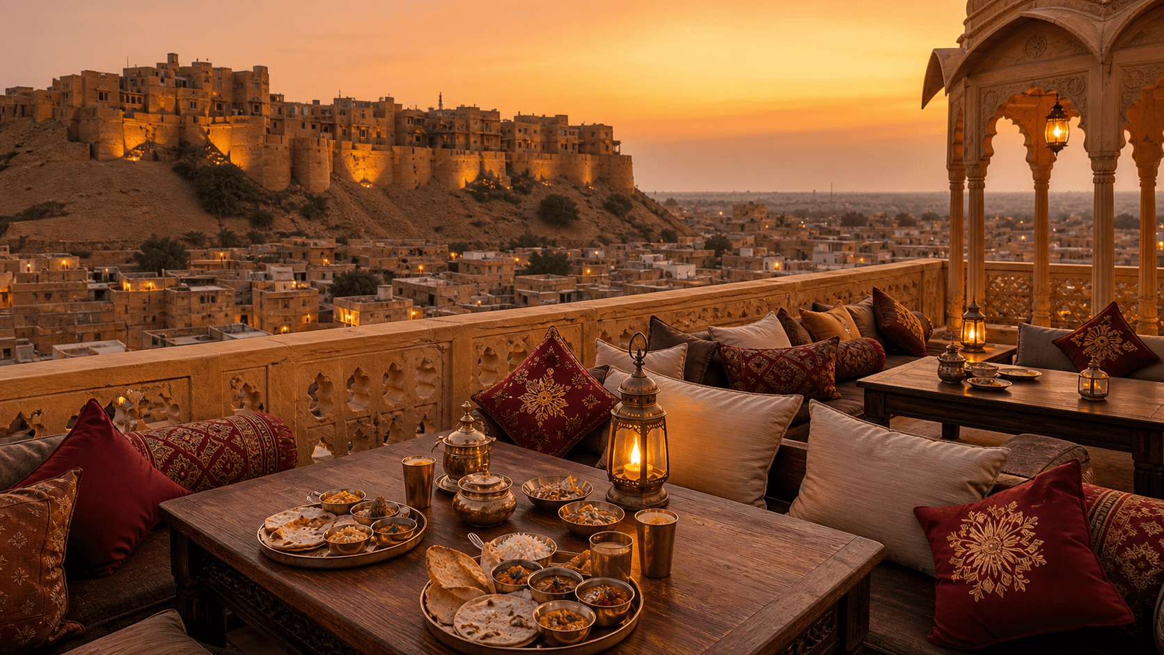 Rooftop terrace dining at Desert Haveli with fort view